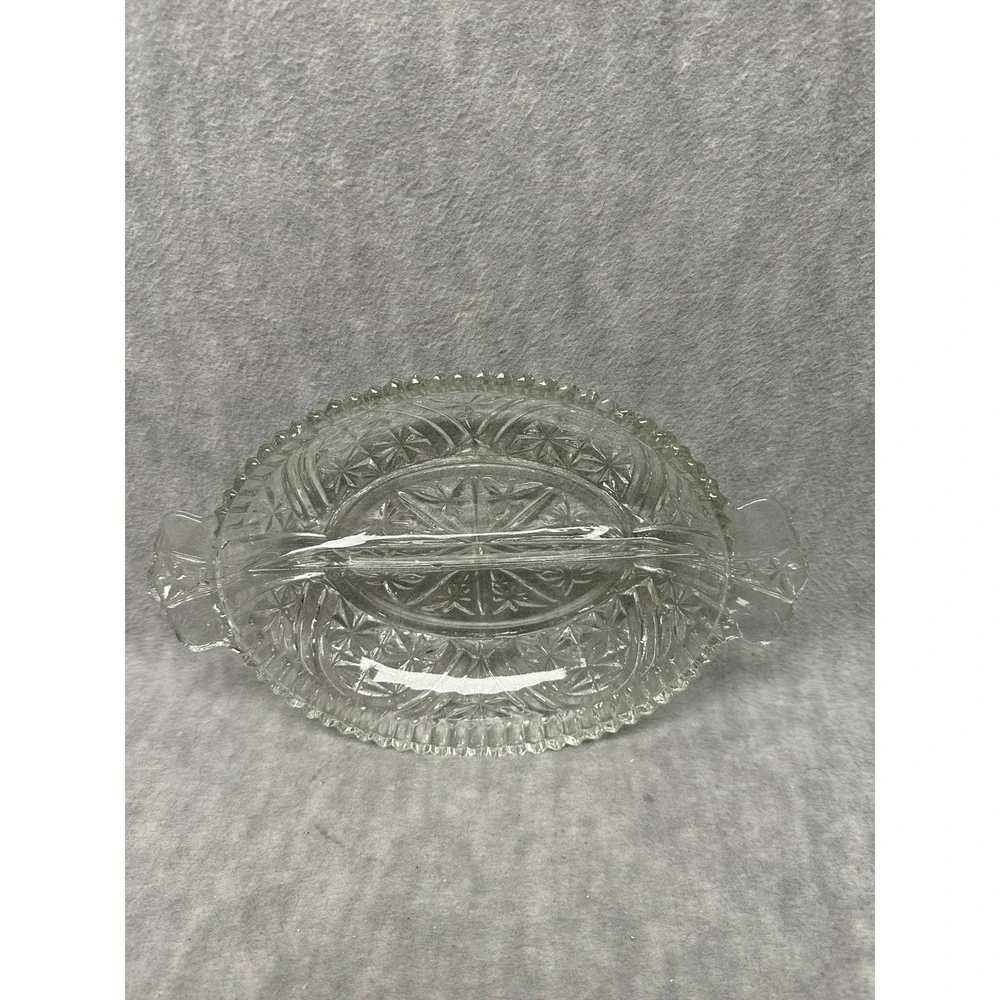 Vintage Relish‎ Dish Clear Divided Starburst Pattern Scalloped Tab Handles
